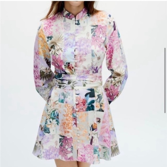 Bloggers favorite Zara tropical parrot dress women’s size Small  belted buttons - Picture 3 of 16